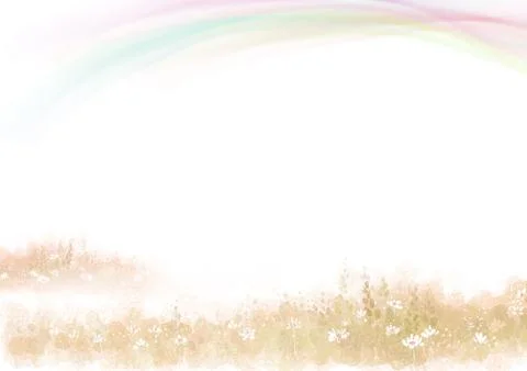 Fairytale blank template paper background with rainbow, plants, flowers borde Stock Illustration