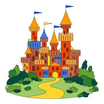 Fairytale castle standing on hill with path leading to entrance Illustrazione stock