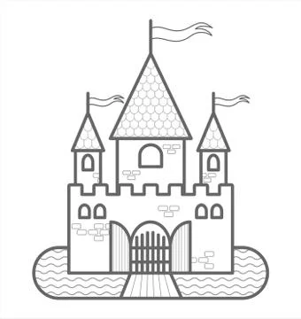 Fairytale Castle With Three Towers, With Flags, Gates, Moat, Drawbridge. Outl Stock Illustration