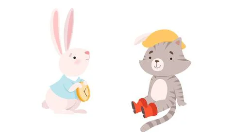 Fairytale Character with Rabbit Holding Clock and Pussy in Boots Vector Set 스톡 일러스트