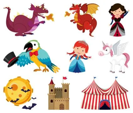 Fairytale characters on white background Illustrazione stock