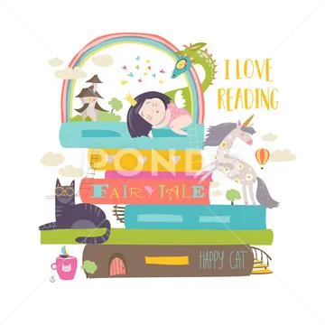 Fairytale concept with book,unicorn,dragon,princess and medieval castle Stock Illustration