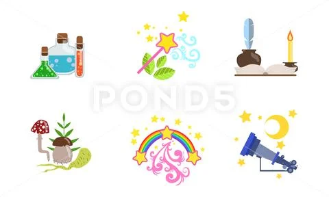 Fairytale Fantasy Magical Equipment Set, Potion, Magic Wand, Magic Book, Fly Stock Illustration
