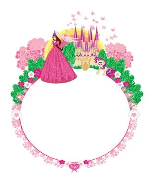 Fairytale frame with castle and unicorns Stock Illustration