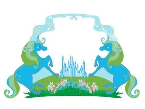 Fairytale frame with magic castle and unicorns Stock Illustration