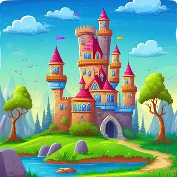 Fairytale landscape with castle. fantasy palace tower, fantastic fairy Stock Illustration