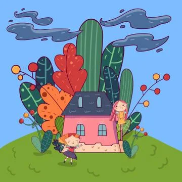 Fairytale landscape with cute pixie girls and little pink house surrounded by 스톡 일러스트