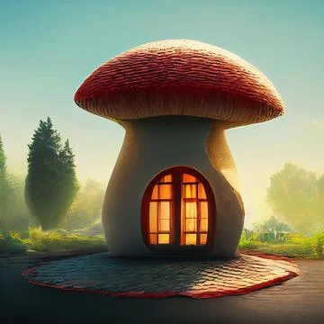 Fairytale mushroom with glowing window. Fantasy house for gnomes and elves. 3d Stock Illustration