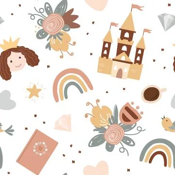 Fairytale reading. Princess seamless pattern in Scandinavian style. Castle Stock Illustration