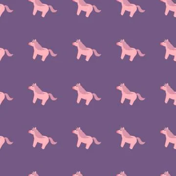 Fairytale seamless pattern with hand drawn pony unicorn ornament. Purple back Illustrazione stock
