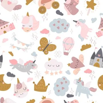 Fairytale seamless pattern set featuring unicorn Illustrazione stock