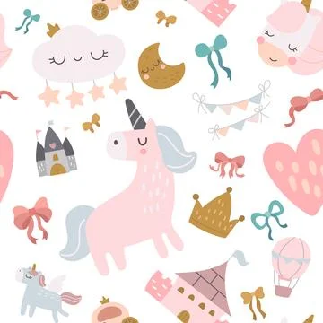 Fairytale seamless pattern set featuring unicorn 库存插图