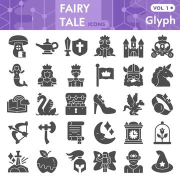Fairytale solid icon set, fantasy symbols collection or sketches. Magic glyph 스톡 일러스트