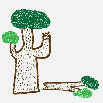 Fairytale tree with a broken branch in the style of a stamp, linocut. Old ill Stock Illustration