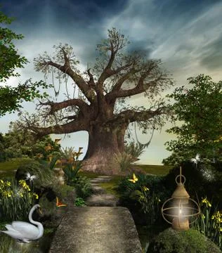 Fairytale tree in a dreamlike evening Stock Illustration