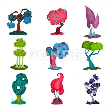 Fairytale trees set, fantasy nature landscape elements, detail for computers Stock Illustration