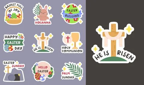 Faith-Based Easter Sticker Set in a Cute Cartoon Style 스톡 일러스트