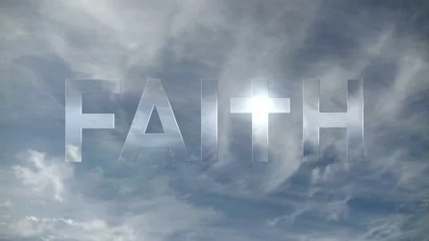 Faith Typography in front of clouds symbolizes Belief and Christianity Loop Stock Footage