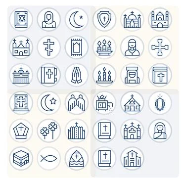 Faith Vector Graphics Pack including 35 Regular Line 64x64 Grid Fitted Icons Stock Illustration