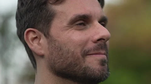 Faithful contemplative man face opening eyes to SKY smiling. Hopeful person f Stock Footage 209852017