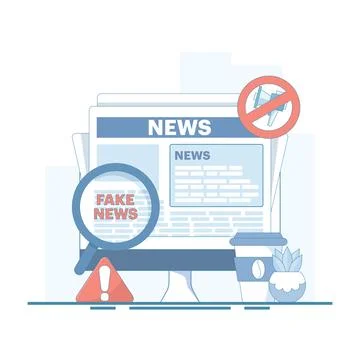 Fake News Detection Concept. Device with Magnifying Glass. Stock Illustration