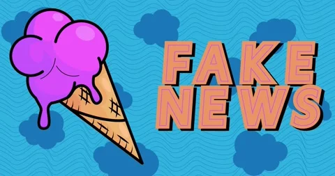 Fake News text with dancing ice cream on colorful background Stockbeeldmateriaal 208560427