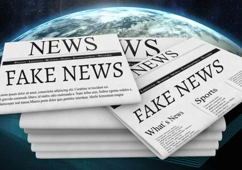 Fake news text on newspaper stack over planet earth world Stock Illustration
