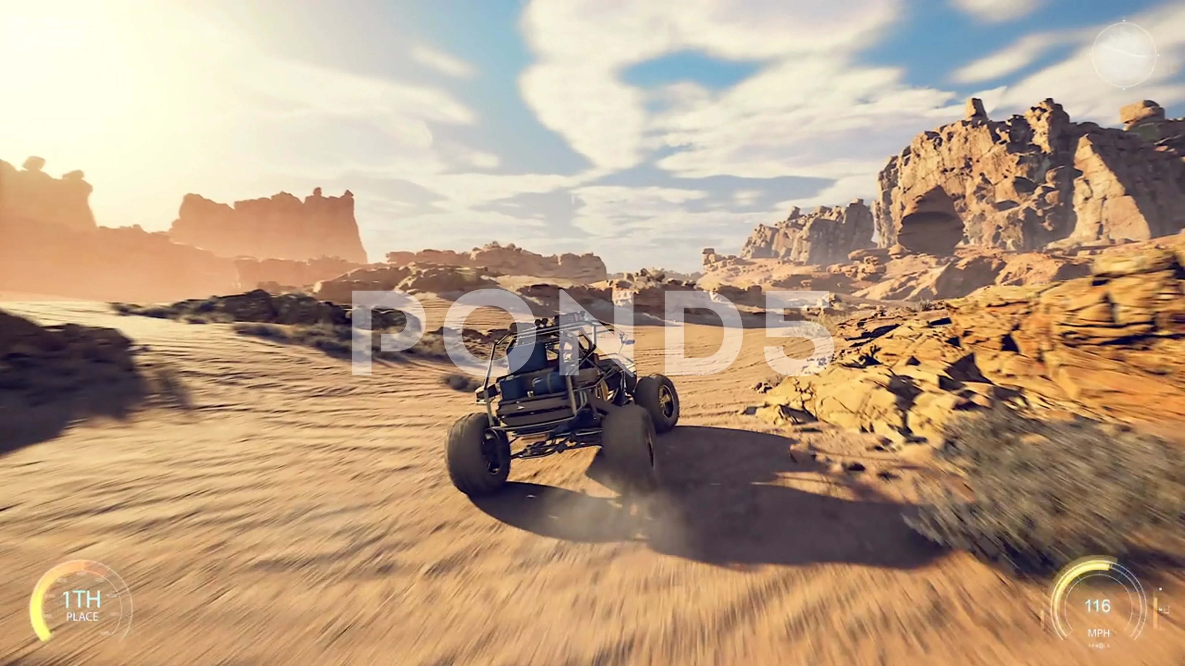 Faked 3D video game. 4K racing through the desert. HUD.