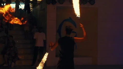 Fakir breathing fire fire show at Gravity Aqua park Hotel. Stock Footage 343411668
