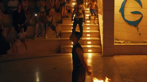 Fakir breathing fire fire show at Gravity Aqua park Hotel. Stock Footage 343411691
