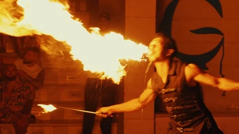 Fakir breathing fire fire show at Gravity Aqua park Hotel. Stock Footage 343411814