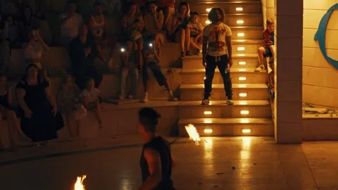Fakir breathing fire fire show at Gravity Aqua park Hotel. Stock Footage 343411827