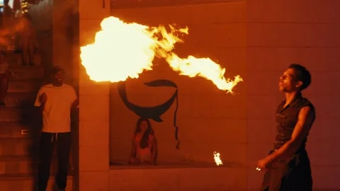 Fakir breathing fire fire show at Gravity Aqua park Hotel. Stock Footage 343412041