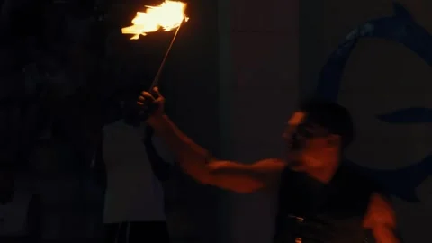 Fakir breathing fire fire show at Gravity Aqua park Hotel. Stock Footage 343412098