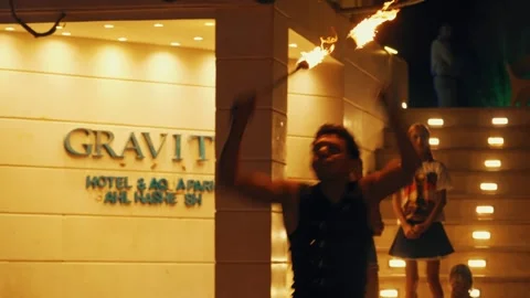 Fakir breathing fire fire show at Gravity Aqua park Hotel. Stock Footage 343412334