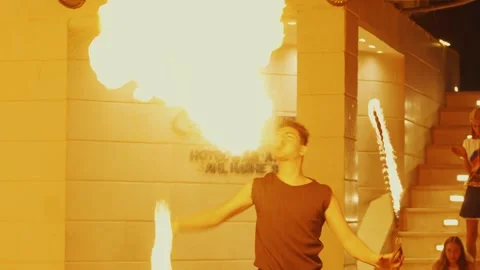 Fakir breathing fire fire show at Gravity Aqua park Hotel. Stock Footage 343412411