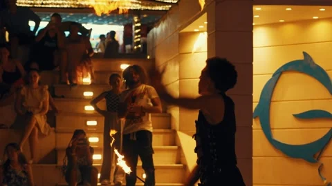 Fakir breathing fire fire show at Gravity Aqua park Hotel. Stock Footage 343412574