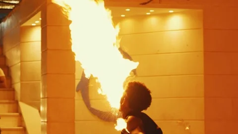 Fakir breathing fire fire show at Gravity Aqua park Hotel. Stock Footage 343412584