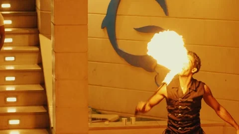 Fakir breathing fire fire show at Gravity Aqua park Hotel. Stock Footage 343412650