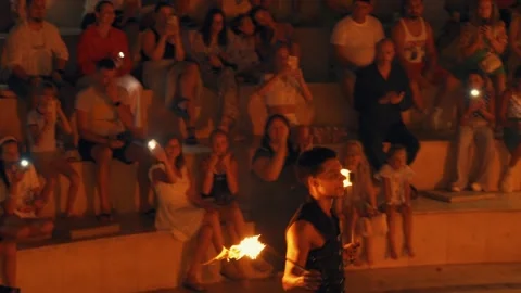 Fakir fire show at Gravity Aqua park Hotel. A fiery performance. Stock Footage 343418720