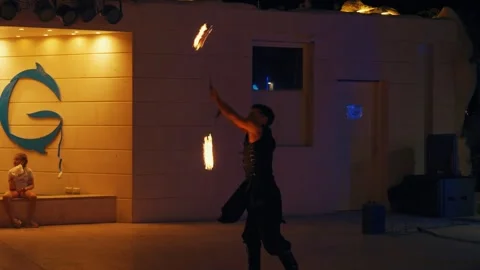 Fakir fire show at Gravity Aqua park Hotel. A fiery performance. Stock Footage 343418804