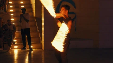 Fakir fire show at Gravity Aqua park Hotel. A fiery performance. Stock Footage 343418934