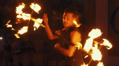 Fakir fire show at Gravity Aqua park Hotel. A fiery performance. Stock Footage 343419027