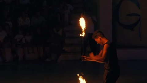 Fakir fire show at Gravity Aqua park Hotel. A fiery performance. Stock Footage 343419539