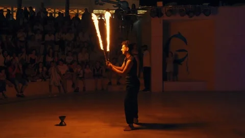 Fakir fire show at Gravity Aqua park Hotel. A fiery performance. Stock Footage 343419590