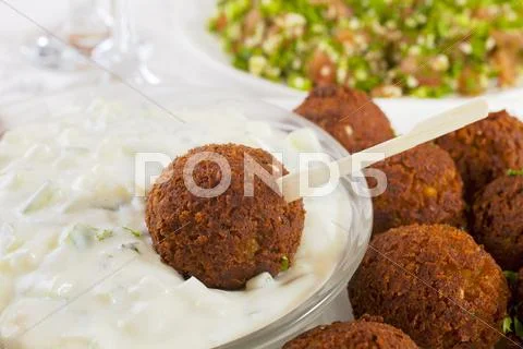Falafel with tzatziki and tabbouleh Stock Photos