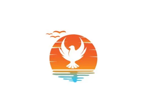 Falcon or eagle open wings flying logo design illustration, hawk in a sun sha Stock Illustration