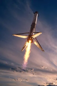 Falcon reusable rocket booster performing a powered vertical landing throug.. Stock Illustration