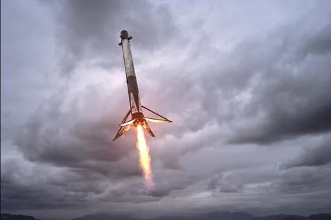 Falcon reusable rocket booster performing a vertical landing Stock Illustration