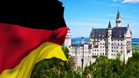 Falg of Germany waving over neuschwanstein castle Stock-Footage 127163102